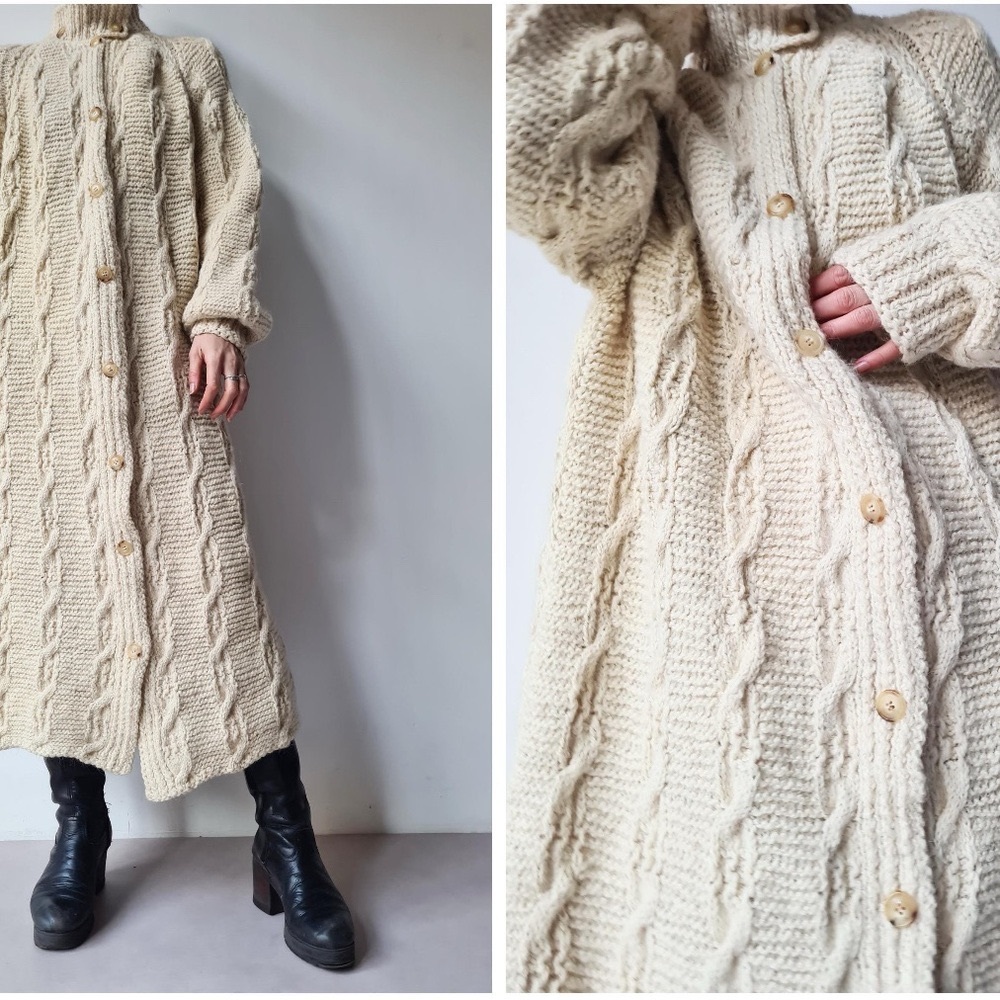 Aran Fisherman Style Cream Cable Knit 100% Wool Long Cardigan  Sweater Coat